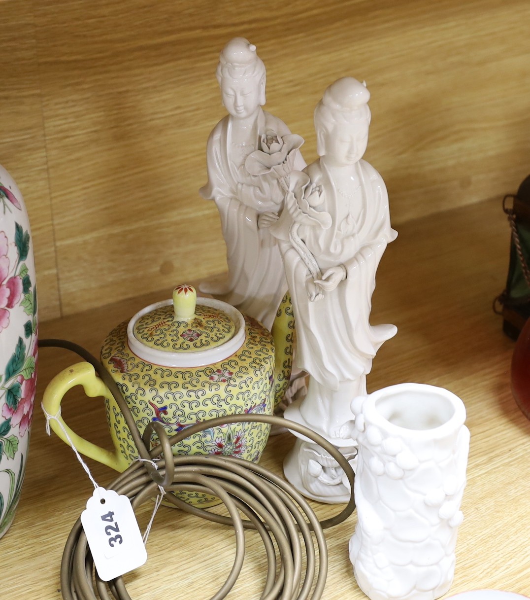 A late 19th century Chinese famille rose lamp (cut down) and other Chinese and Japanese ceramics and miscellaneous items